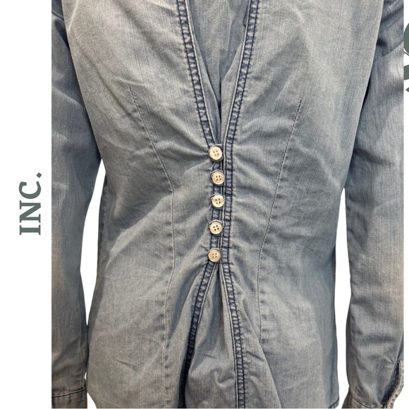 🛍️3/$40 INC Chambray Denim Button-Down Shirt Long Sleeve Lace Up Detail – Size 4 - Picture 6 of 7